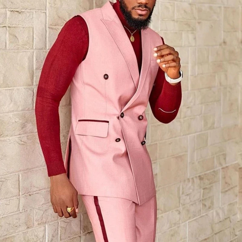 Made Pink Notch Lapel Double Breasted Wedding Slim Fit Groom Tuxedo Terno Masculino Prom Blazer Men Suits (Vest+Pants)