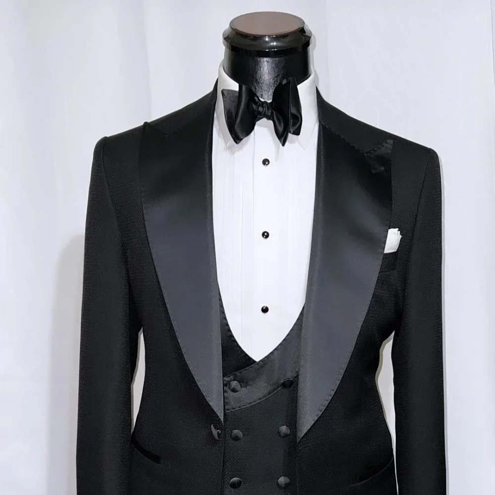 Men Black Suits 3 Piece Single Button Satin Peak Lapel Tuxedo Slim Fit Party Groom Wedding