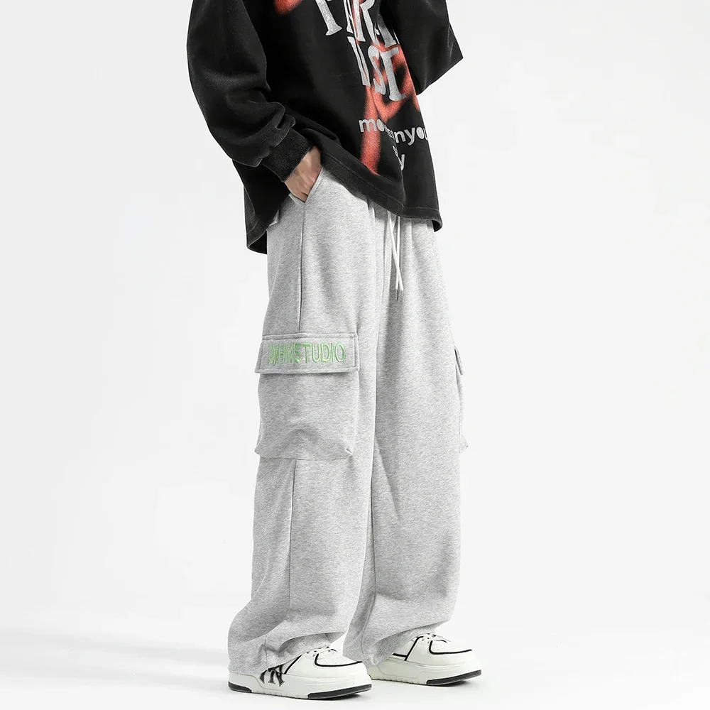 

New Letter Embroidery Men Casual Large Pocket Pants Cotton Neutral New Wide Leg Hip-hop Fashion Youth Streetwear Cargo Trousers