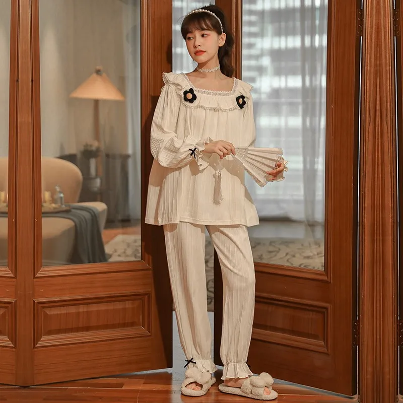 Spring, Autumn and Winter Women's Pajamas Knitted Cotton Solid Korean Style Square Neck Women's Suit Evening Dress Home Wear