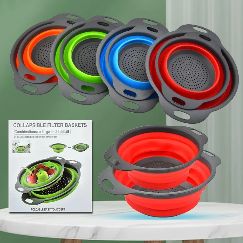 2pc Silicone Foldable Vegetable Basket Kitchen Drain Basket Plastic Vegetable Wash Basin Round Creative Vegetables