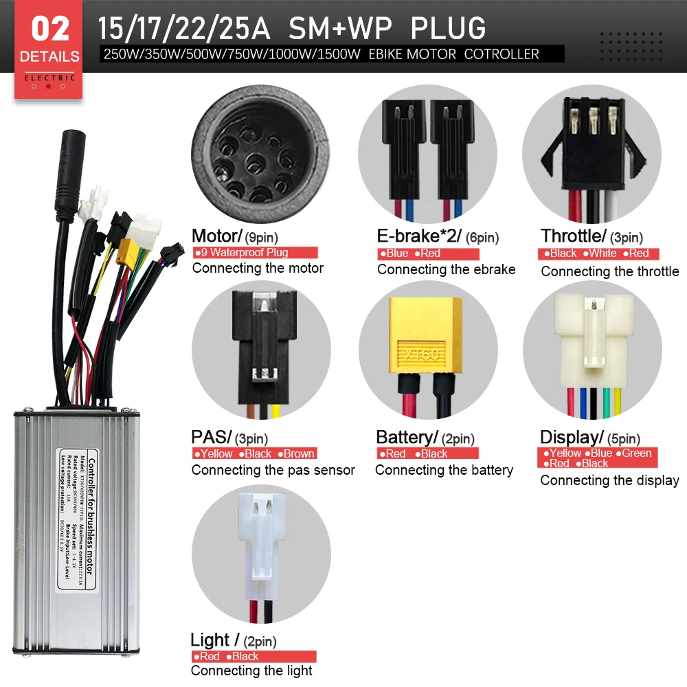 전기 자전거 KT 컨트롤러 250W/350W/500W 브러시리스 36V48V 17A22A25A30A35A 디스플레이 스로틀 전자 브레이크 포함 전기 자전거 액세서리