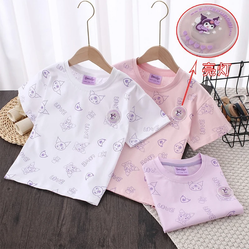 

2024 Children T-Shirt Sanrio Kawaii Anime Kuromi Round Neck Short Sleeve Tops Summer Cute Cartoon Print Light Clothes Kid Gift