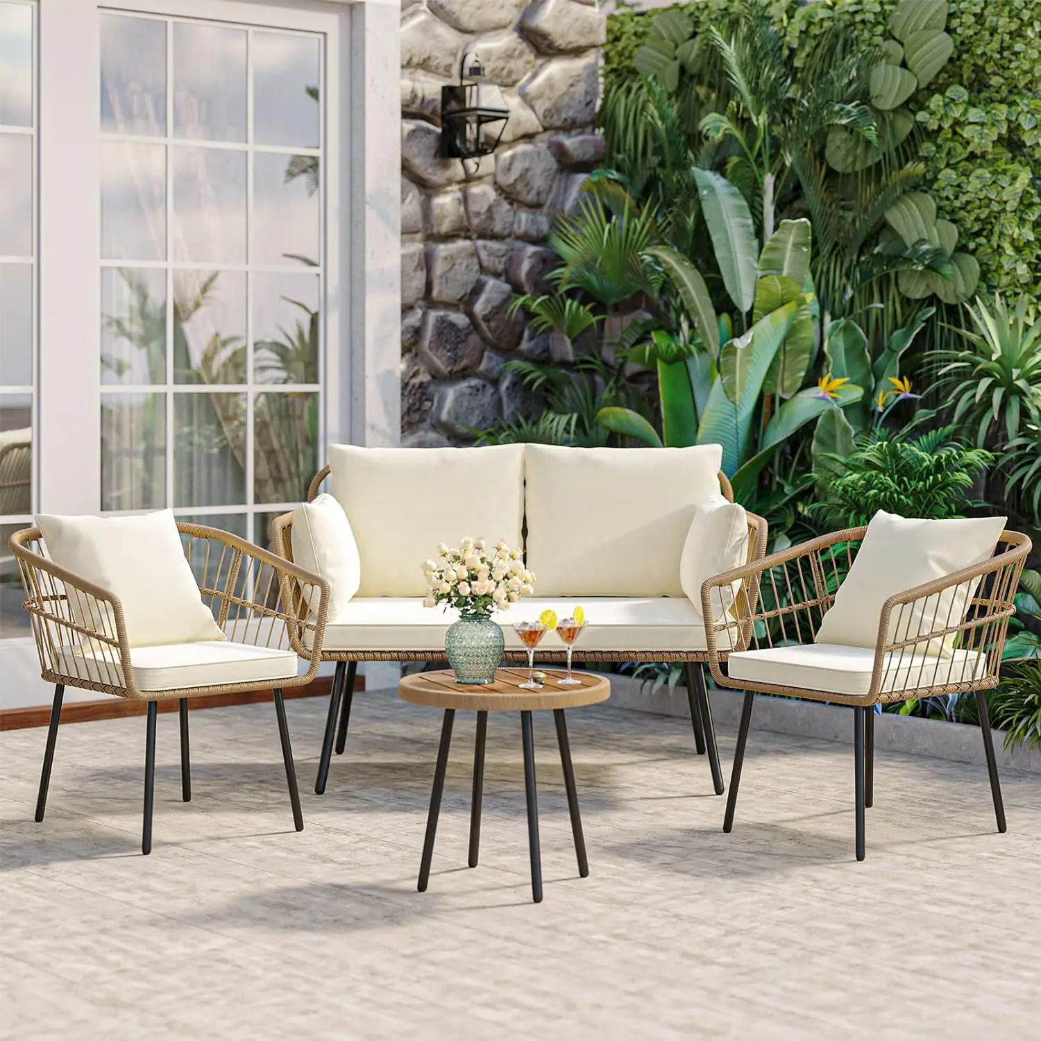 

3/4 Pieces Patio Furniture Set, Wicker Balcony Bistro Set, Outdoor All-Weather Rattan Conversation Set with Loveseat Chairs