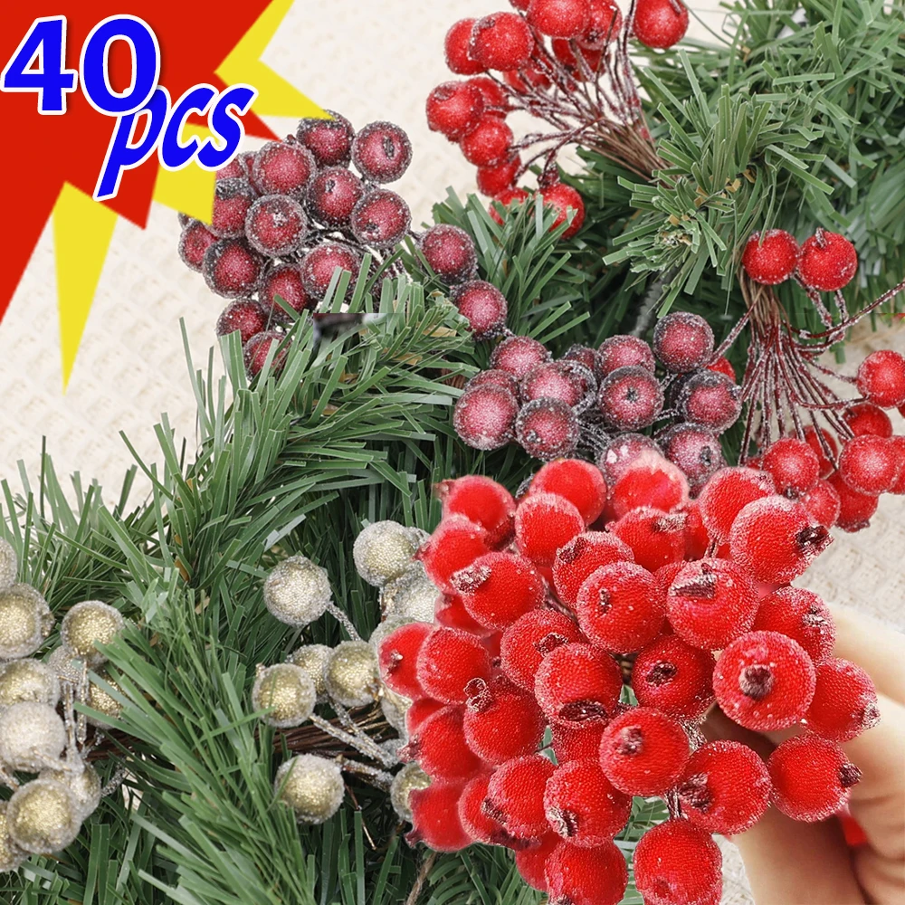 Artificial Holly Berries 40Pcs Artificial Frosted Holly Berries Christmas Red Cherry Fake Fruit Berries Frosted Fruit Berry for DIY Christmas Decor