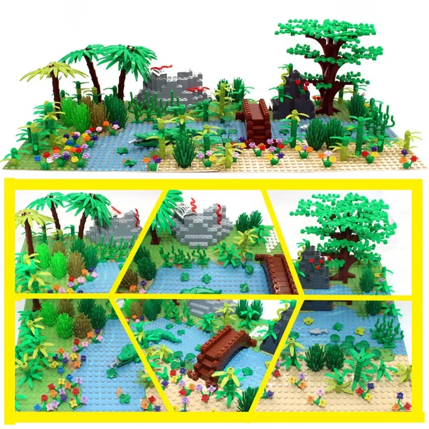 Moc Building Blocks Foresta Pluviale Giungla Animali Selvatici Bush Flower Tree Plants Baseplate Mattoni Da Costruzione Assemblare Giocattoli Fai Da T