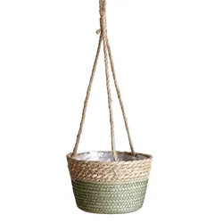 Macrame Jute Rope Hanging Planter Basket for Indoor & Outdoor Decor (Green)