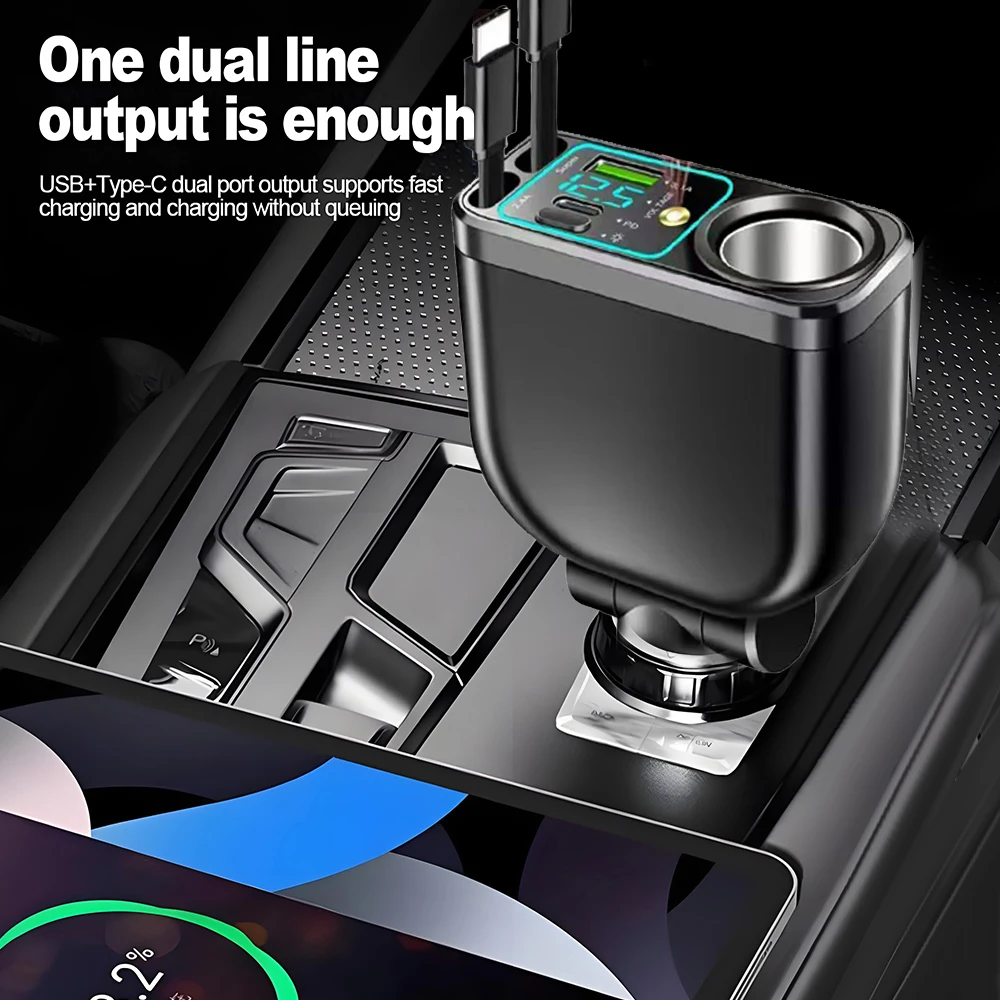 120W 5-in-1 Einziehbares Auto-Handy-Ladegerät PD USB Schnellladung mit LED-Digital-Voltmeter Dach-Sternenhimmel-Lampe 90W Zigarettenanzünder – Detail 5