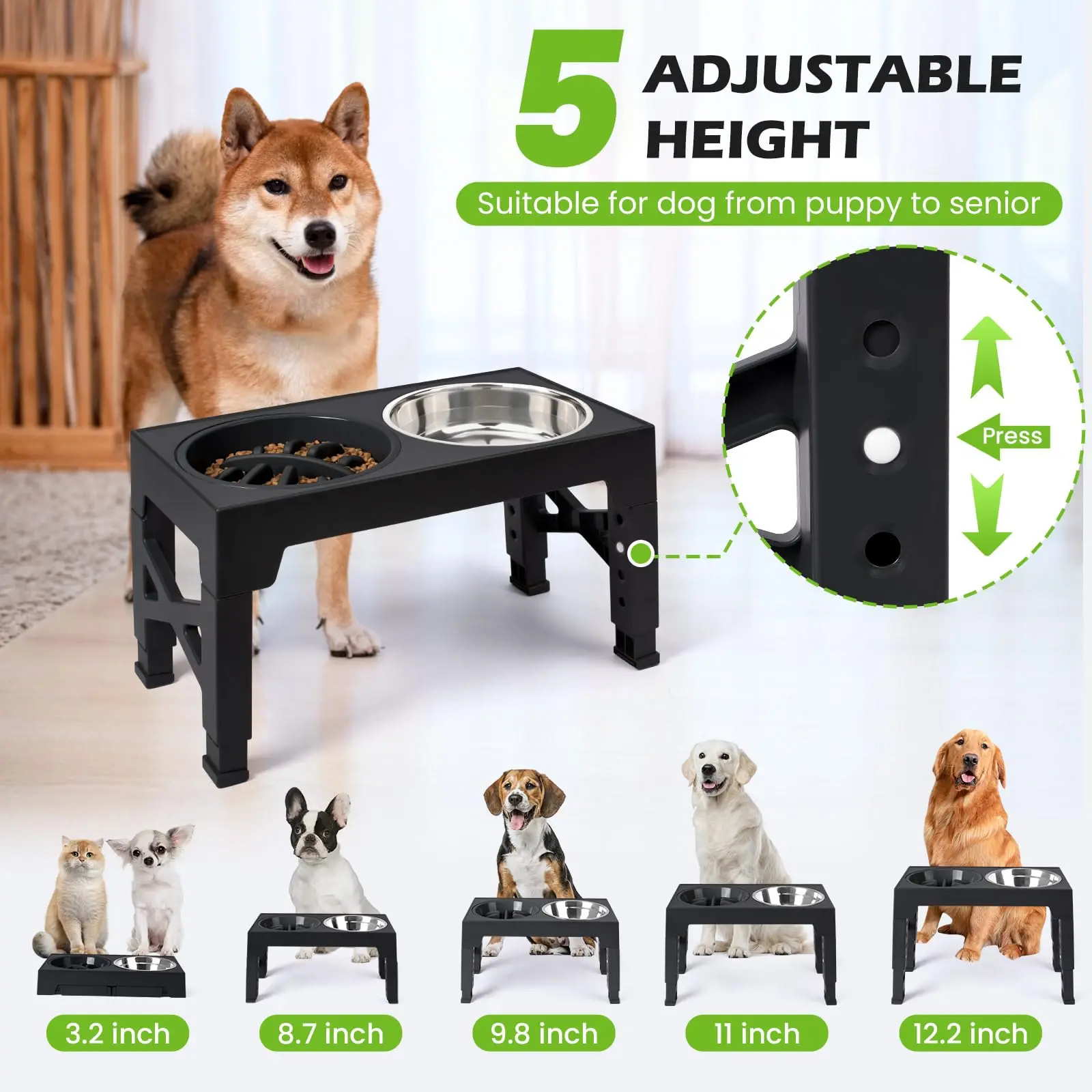 Adjustable Elevated Dog Feeder, Raised Dog Bowl Stand with Double Stainless Steel Food Water Bowls, Ergonomic Pet Feeding Station for Small Medium Large Dogs 4