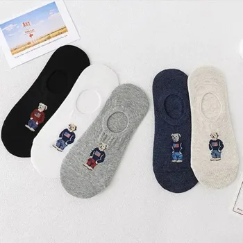 남성용 만화 곰 보트 양말, 보이지 않는 실리콘 코튼 발목 슬리퍼, 레트로 스트라이프, 여름 가을 패션, 5 켤레/로트