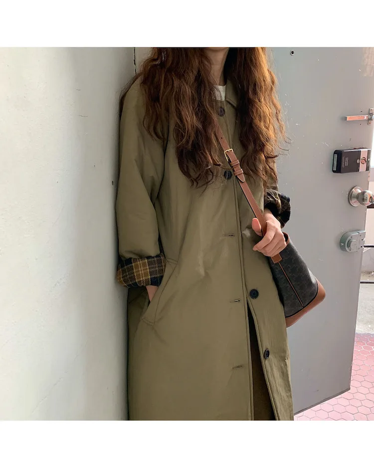 Autumn Winter Korean Army Green Warm Jacket Lapel Check Sleeves Straight Coat Fashion Medium Long Ladies Puffer Padded Outwear