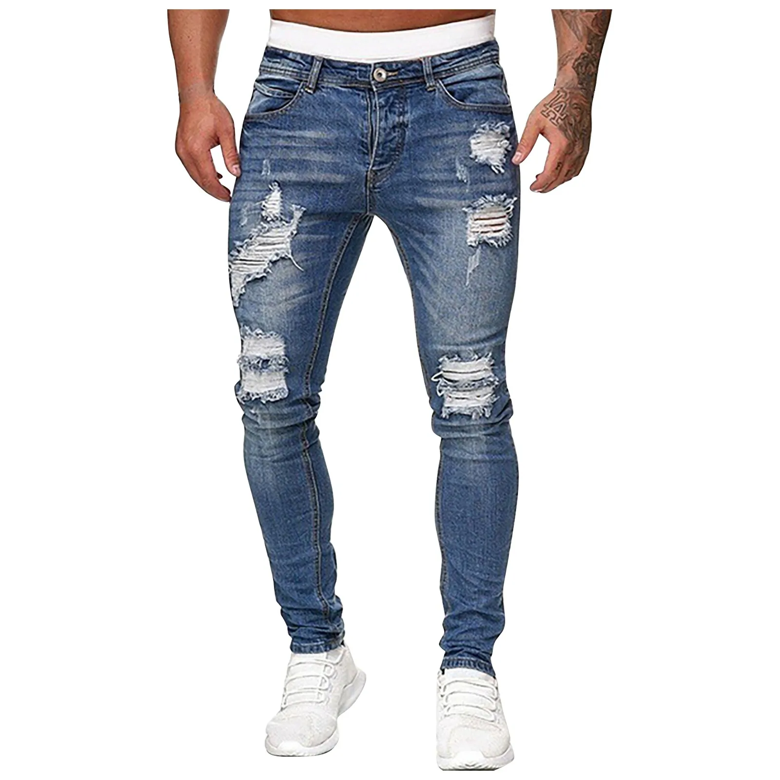 2023 Men Stylish Ripped Jeans Pants Slim Straight Frayed Denim Clothes Men New Fashion Skinny Trousers Clothes Pantalones Hombre