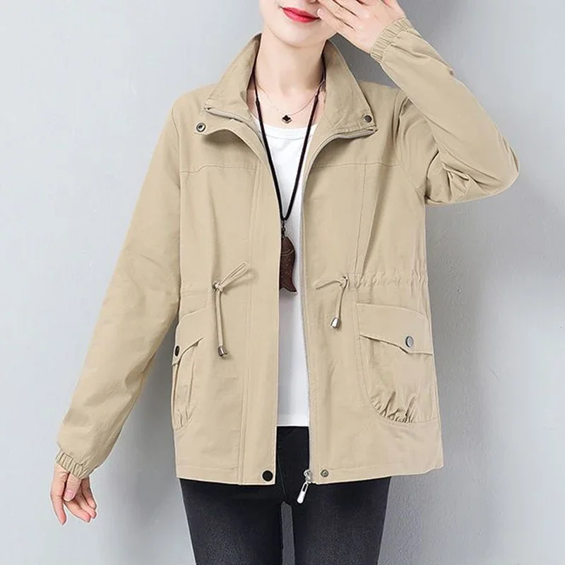 Double Layer Women Plus Size Spring Autumn Korean Plus Size Lining Windbreaker Drawstring Waist Stand Collar Jacket Coat Women
