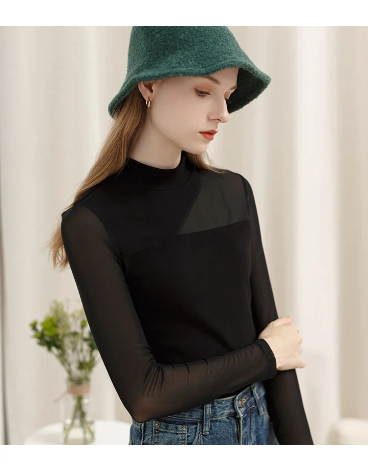 European and American style women's spring new sexy mesh stitching half turtleneck bottoming shirt perspective