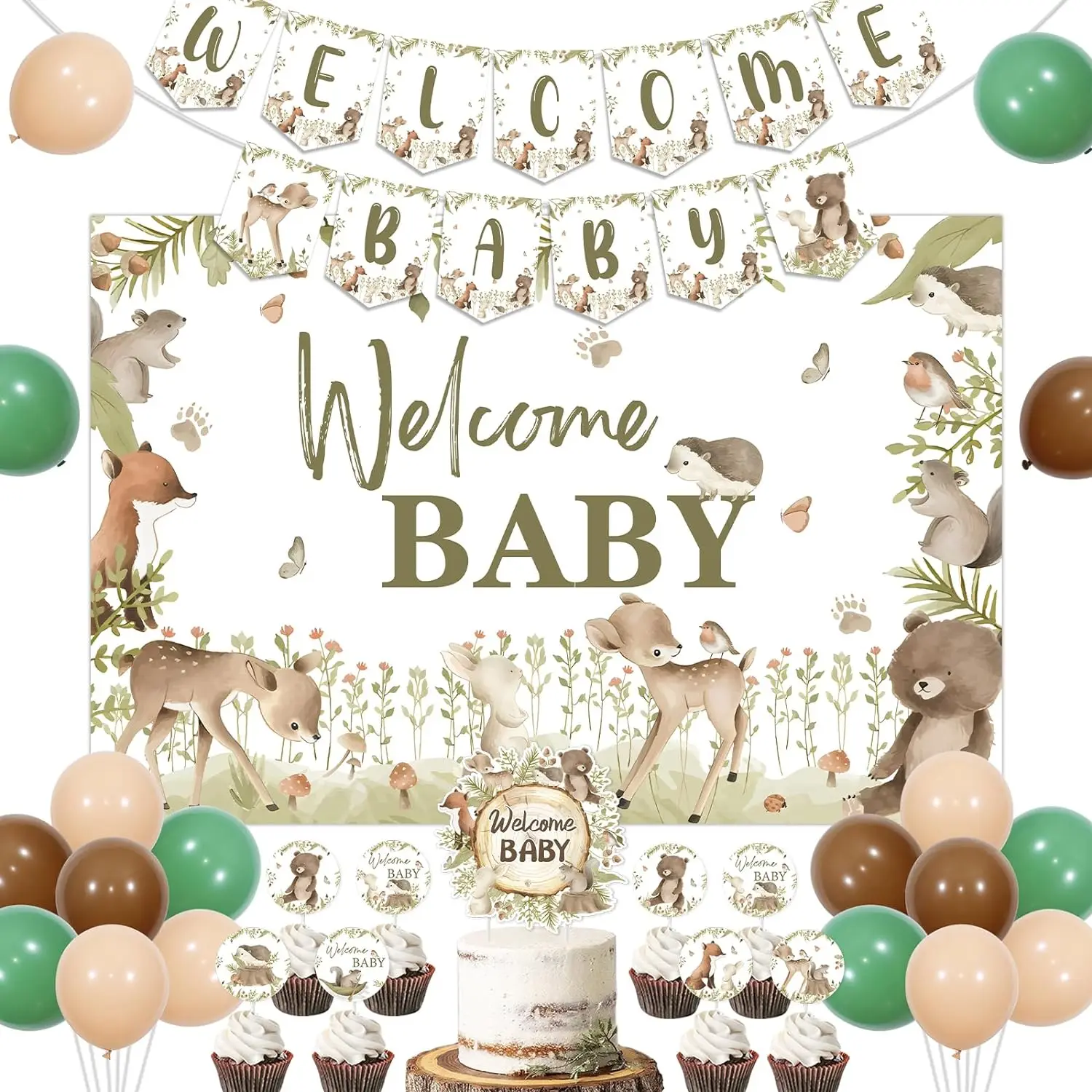 

Boho Woodland Baby Shower Decor Jungle Animal Welcome Baby Backdrop Banner Cake Toppers Balloons for Girl Boy Baby Shower