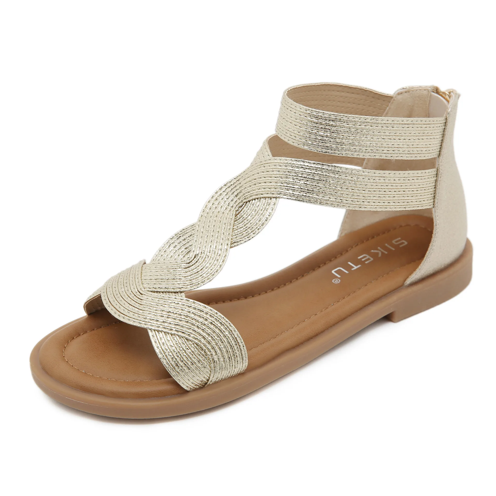 2024 Fashion European and American Style Sandals Gold Silver Black Lightweight Flat Bottom Back Zipper Roman Sandals K9001-13