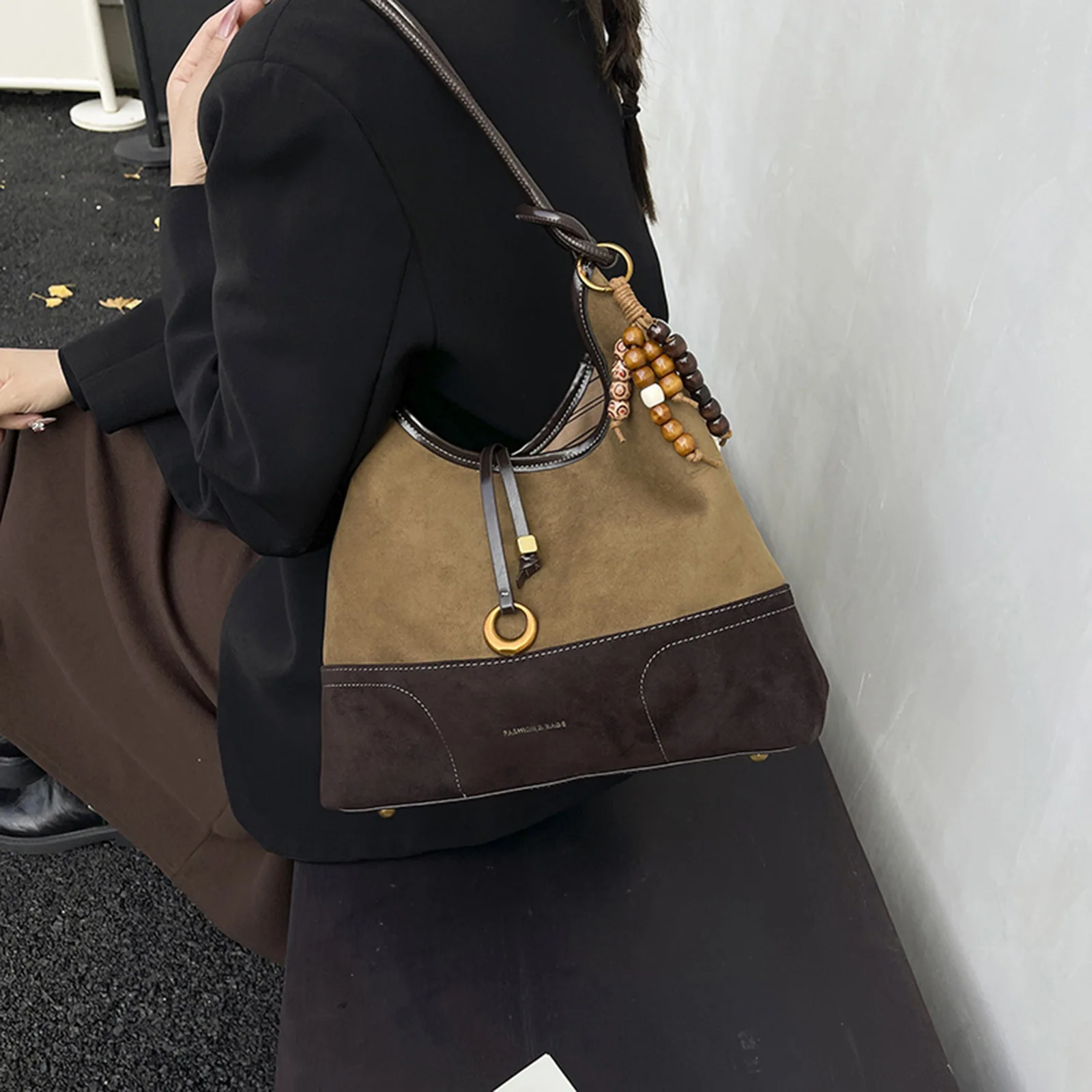 PU Leather Shoulder Bag Fashion Underarm Bag with Pendant Bucket Bag for Women Work Shopping Travel Daily