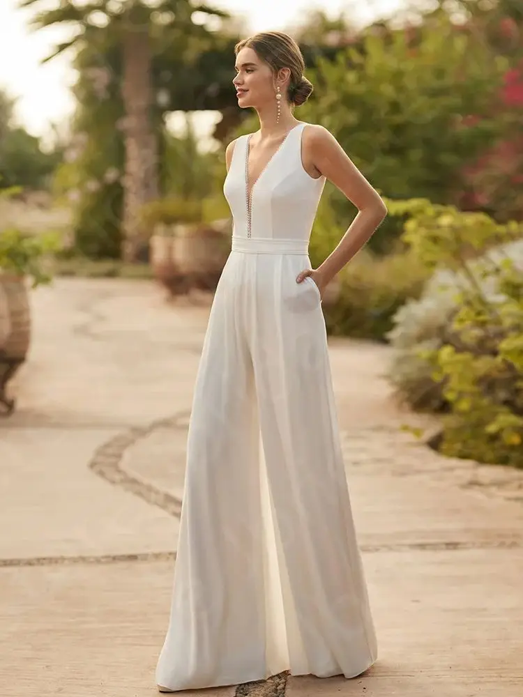 Customized White Two Pieces Wedding Dresses V Neckline Pants Suit