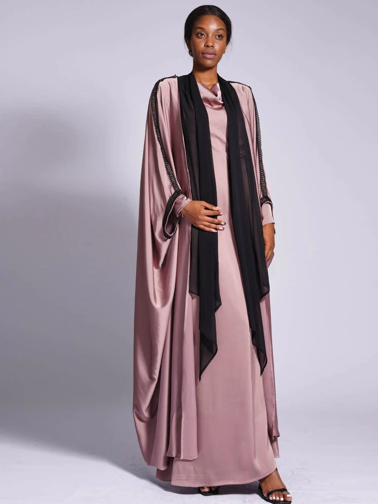 

Batwing Sleeve Lace Satin Abaya Long Sleeve Cardigan Dress Pleats Bottom Party Gowns Kaftan Vestido 2023 Middle East Muslim Eid