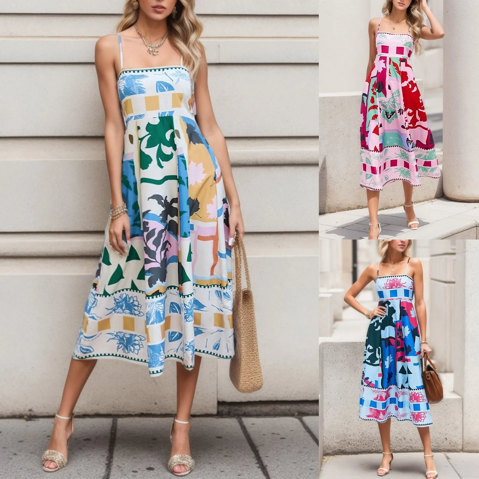 

Women's Sexy Positioning Printed Suspender Sleeveless Large Swing Dress Beach Office Ladies