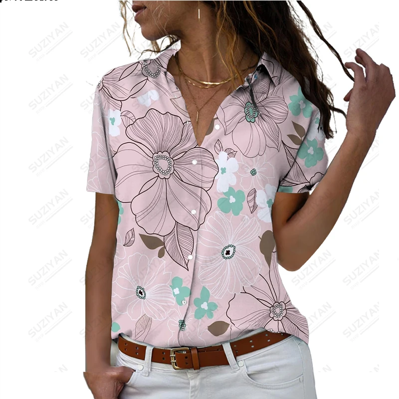 

2023 Spring Autumn New Women's Short Sleeve Shirt Colorful Flower Fragmentation 3D Printed Polo Collar Buckle Short Sleeve Top