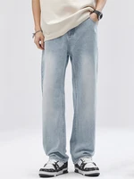 Spring Summer Men's Straight Jeans Korean Fashion Elastic Waist Wide Leg Baggy Denim Pants Casual Blue Jeans Trousers