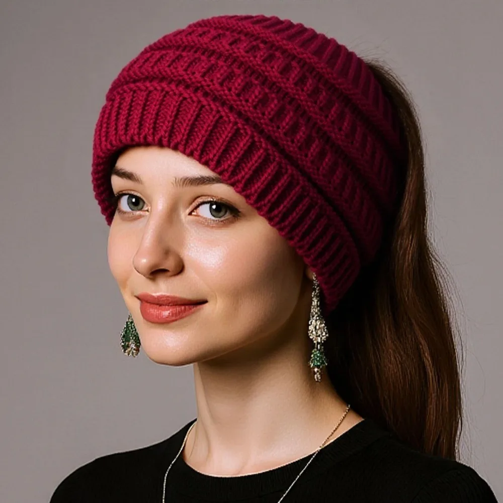 Warm Solid Color Ponytail Beanie Hat Thicken Headwear Knitted Hat Ear Protection Knitting Headband Autumn Winter Women's Hat