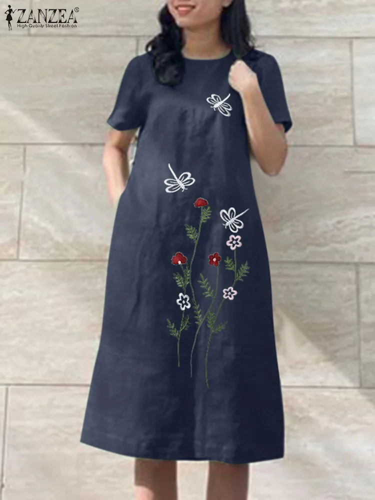 

Vintage Floral Embroidery Dress ZANZEA Summer Knee-length Robe Women O Neck Short Sleeve Holiday Sundres Beach Work Vestido 2024
