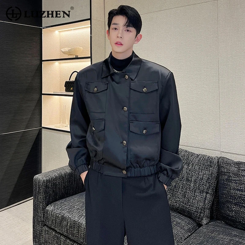 

LUZHEN High Men's Satin Spring Jackets Grade Leather Male Clothing Fashion Shoulder Pad Safari Style Pu Trend Coat 211701
