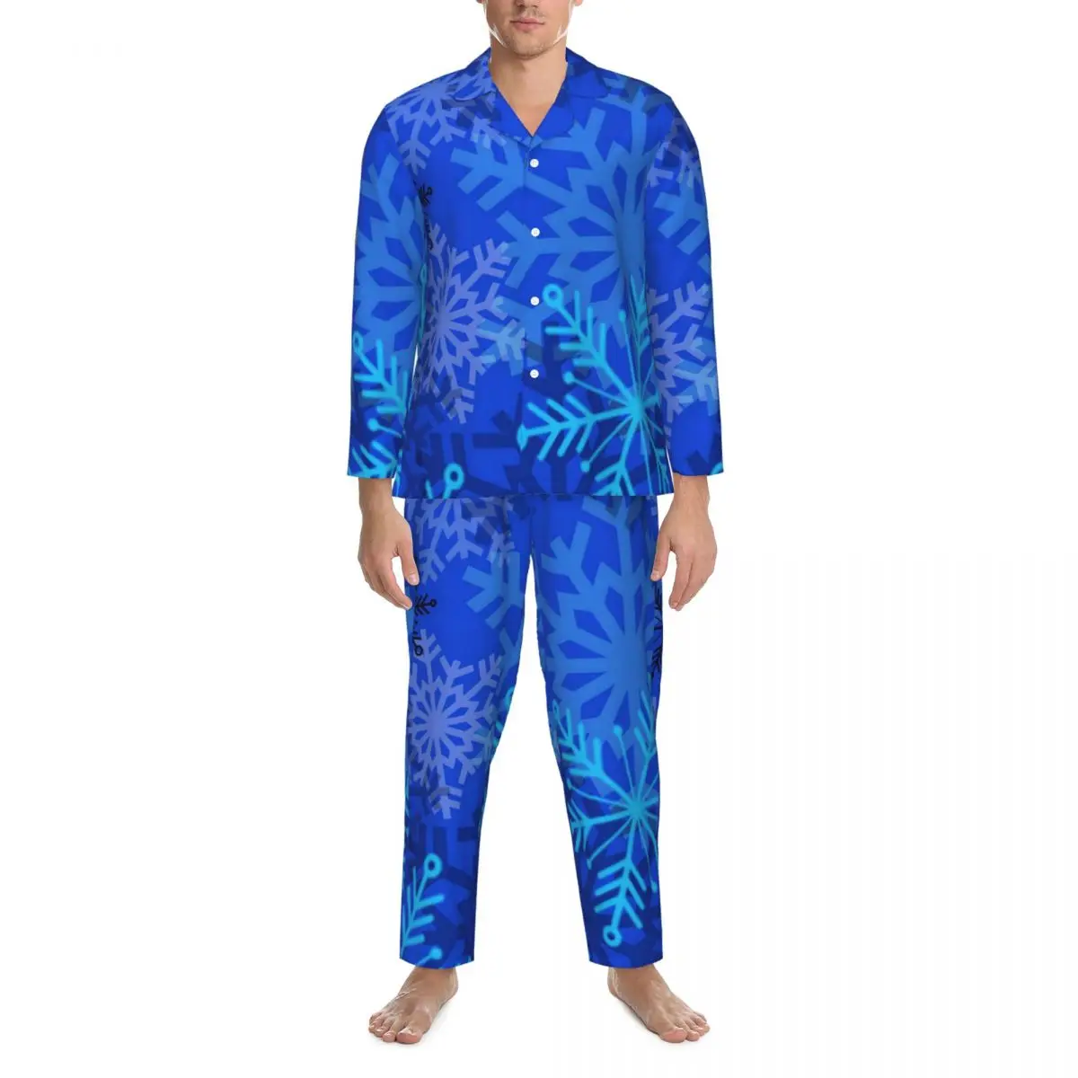 

Snowflake Layered Pajamas Man Blue Print Lovely Room Sleepwear Autumn Two Piece Loose Oversize Design Pajama Sets
