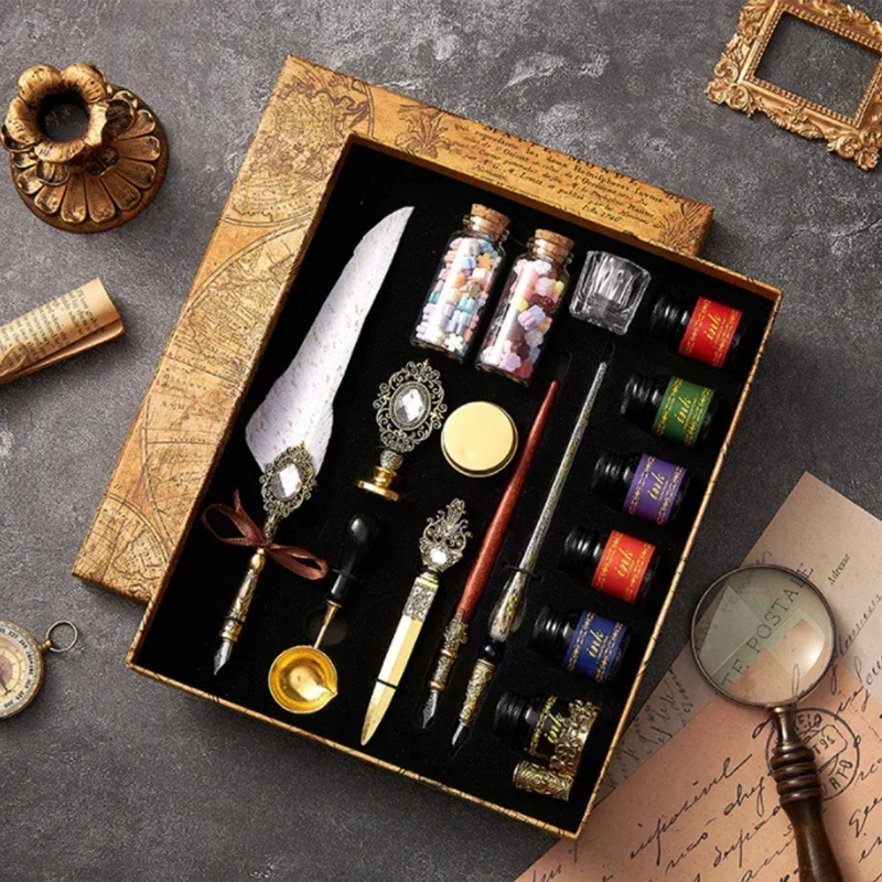 앤티크 스프링클링 깃털 딥 펜, 잉크 빈티지 서예 펜 세트, 만년필, 미술 용품, 공예품, 학생 DIY 선물, 17 개