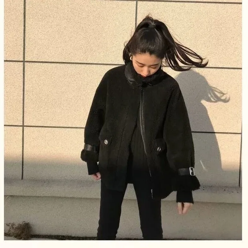 2022 Korean Version Was Thin Lamb Wool Granular Fleece Fur Winter Sheep Shearing Stitching Fur One Long-sleeved Jacket Female