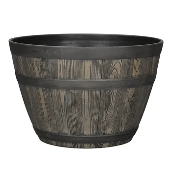 Rustic Whiskey Barrel Planter UV Resistant Brown Plastic Drainage Holes Suitable Indoor Outdoor Gardening Durable Flower Pot 2