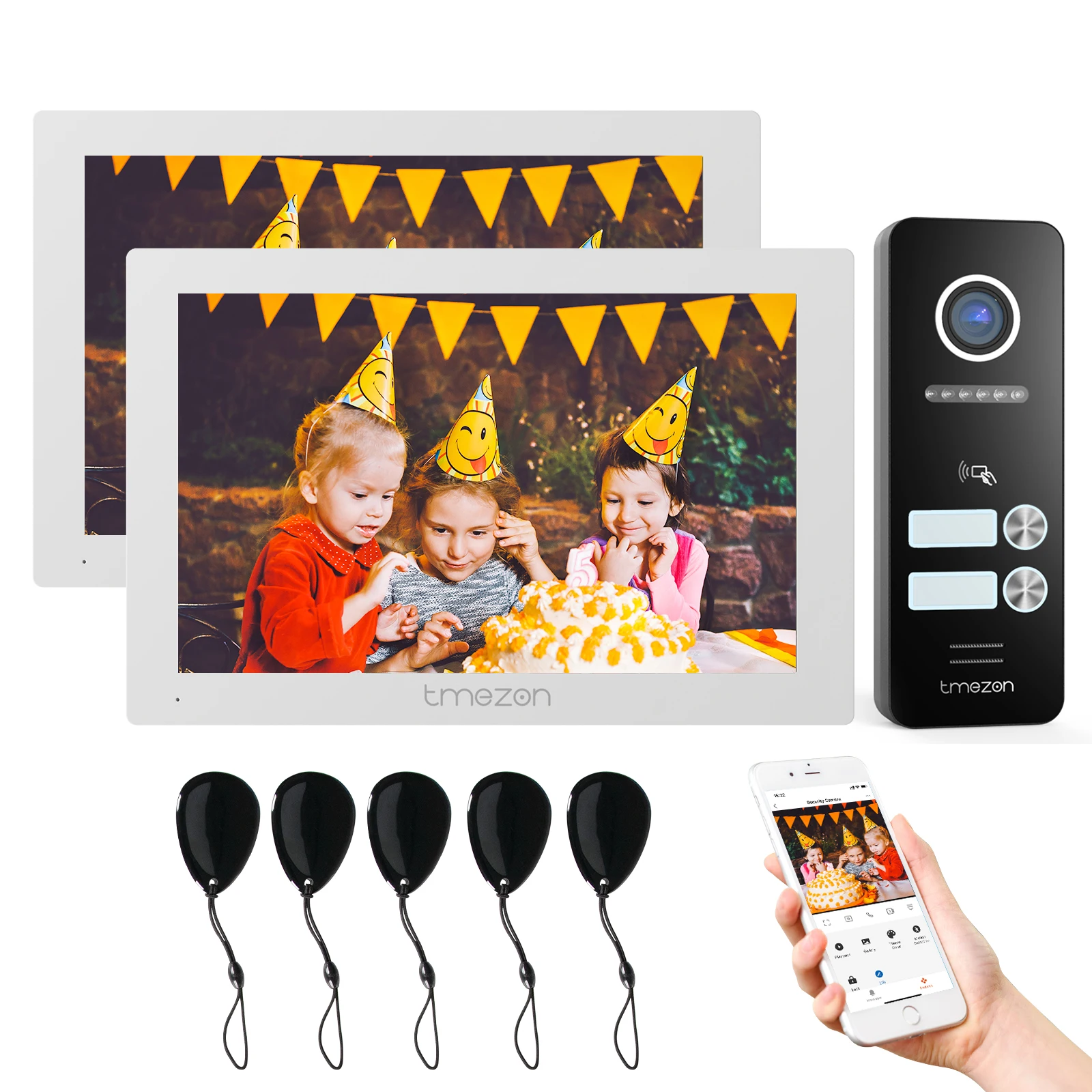 TMEZON 7 인치 4 선 1080P 비디오 초인종 인터콤 시스템, 가정용 1080P 유선 도어 카메라, Tuya App/RFID..