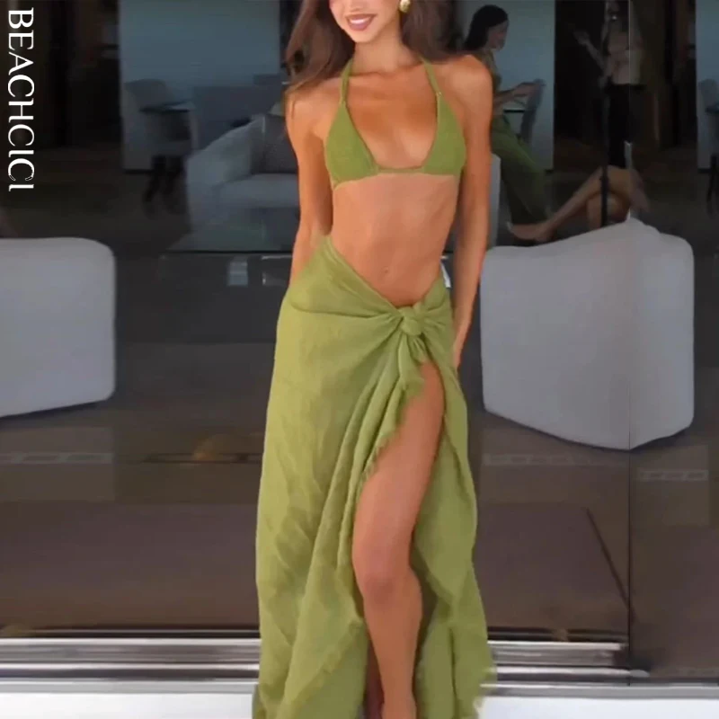 

BEACHCICI Women's Bikini Three Piece Sexy Solid Halterneck Hollow Out Lace Up Mesh Cloth Tie Up Slim Beach Holiday Swimsuit