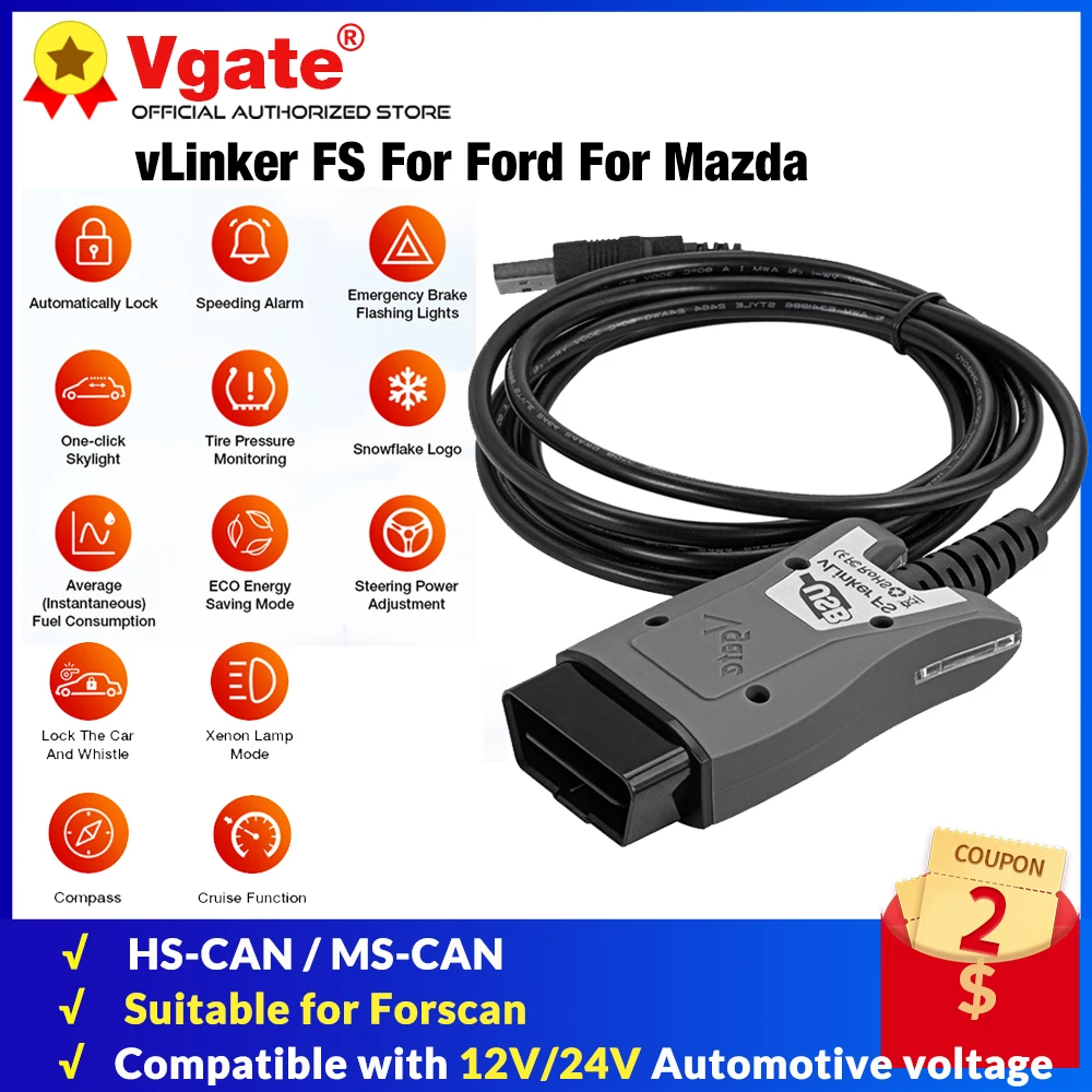 Vgate vLinker FS ELM327 USB For Ford FORScan MS CAN/HS CAN Switch OBD2 Car auto Diagnostic Scanner For Mazda OBDII Adapter Tool high quality auto inspection equipment