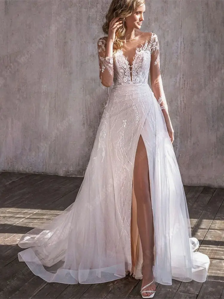 Celebrity Deep-V A-Line Wedding Dresses Formal Long Sleeves Bridal Gowns Popular Lace Floral Print Princess Vestidos De Novias 4