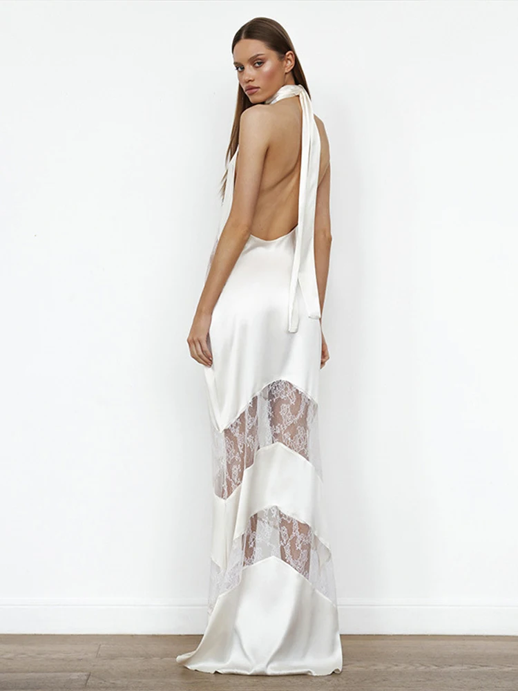 Sexy Backless Party Dress Women Patchwork Lace Sleeveless Halter Maxi Female Dresses 2025 V-neck Slim Hip Package Lady Robes 6