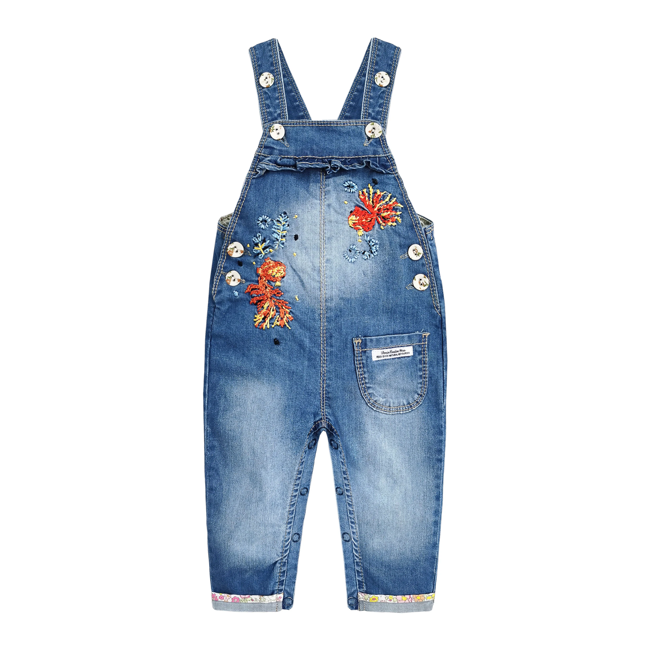 

KIDSCOOL SPACE Baby Girls Easy Diaper Changing Snap Legs Bib Pocket Patched Denim Overalls Flower Embroidered Romper Jumpsuit