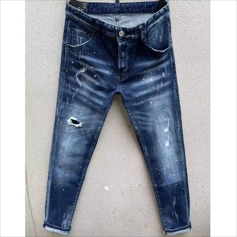 

Men's Fashion Casual Hole Spray Painted Jeans Trendy High Street Denim Fabric Letter Pants 979#