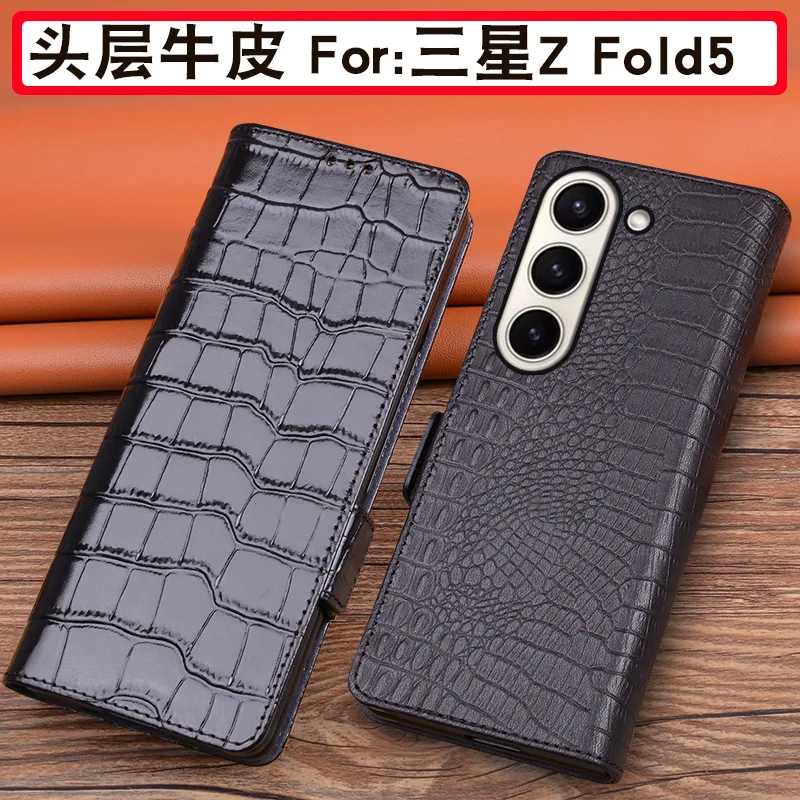 

Genuine Cowhide Leather All-inclusive Flip Case For Samsung Galaxy Z Fold 5 4 3 Fold5 3D Alligator Grids Litchi Grain Full Cover