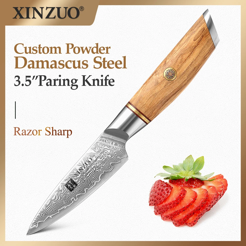

XINZUO Damascus Paring Knife 3.5" Japanese Super Steel 73 Layers Powder Steel Core Damascus Steel Olive Wood Handle Fruit knife