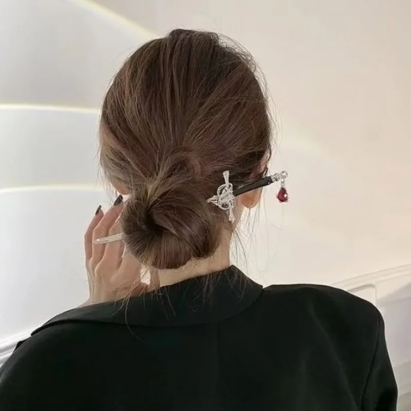 Chinese Sword Ruby Pendant Hairpin Hair for Women Retro Style Hair Sticks Ponytail Accessories Jewelry hair accessory Daily Personality Trend