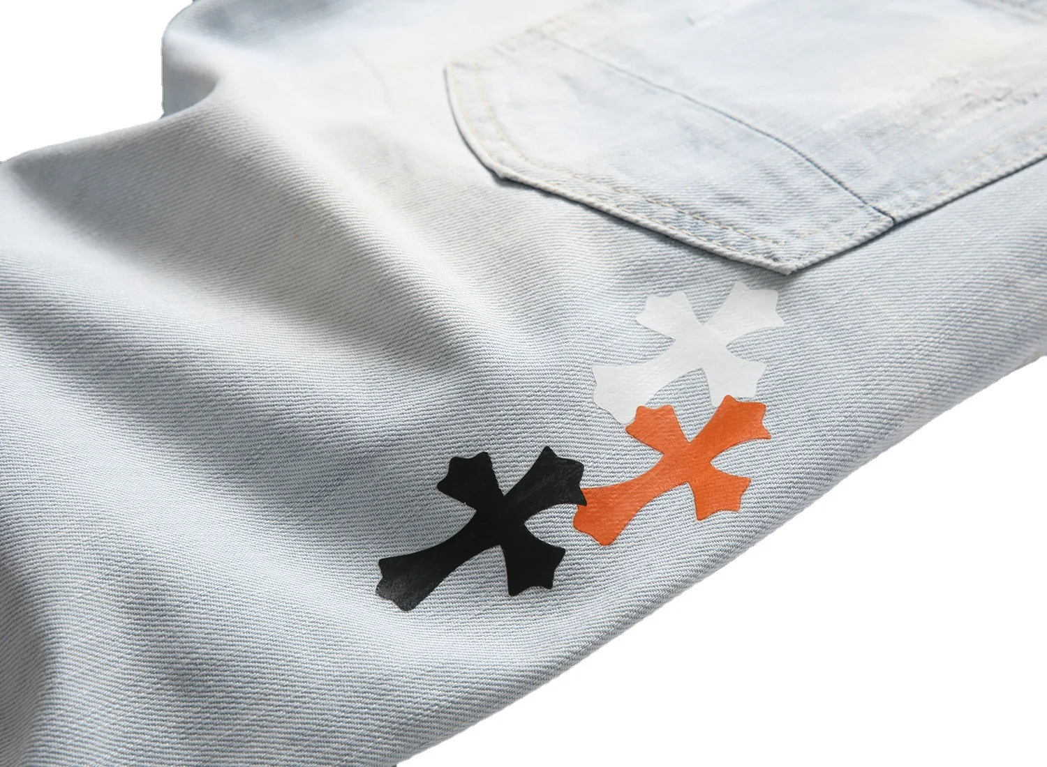 Summer Cross Embroidered Denim Shorts Men Light Blue Pants Holes Splash Ink Printed Straight Trendy Cotton High Street 2024 New