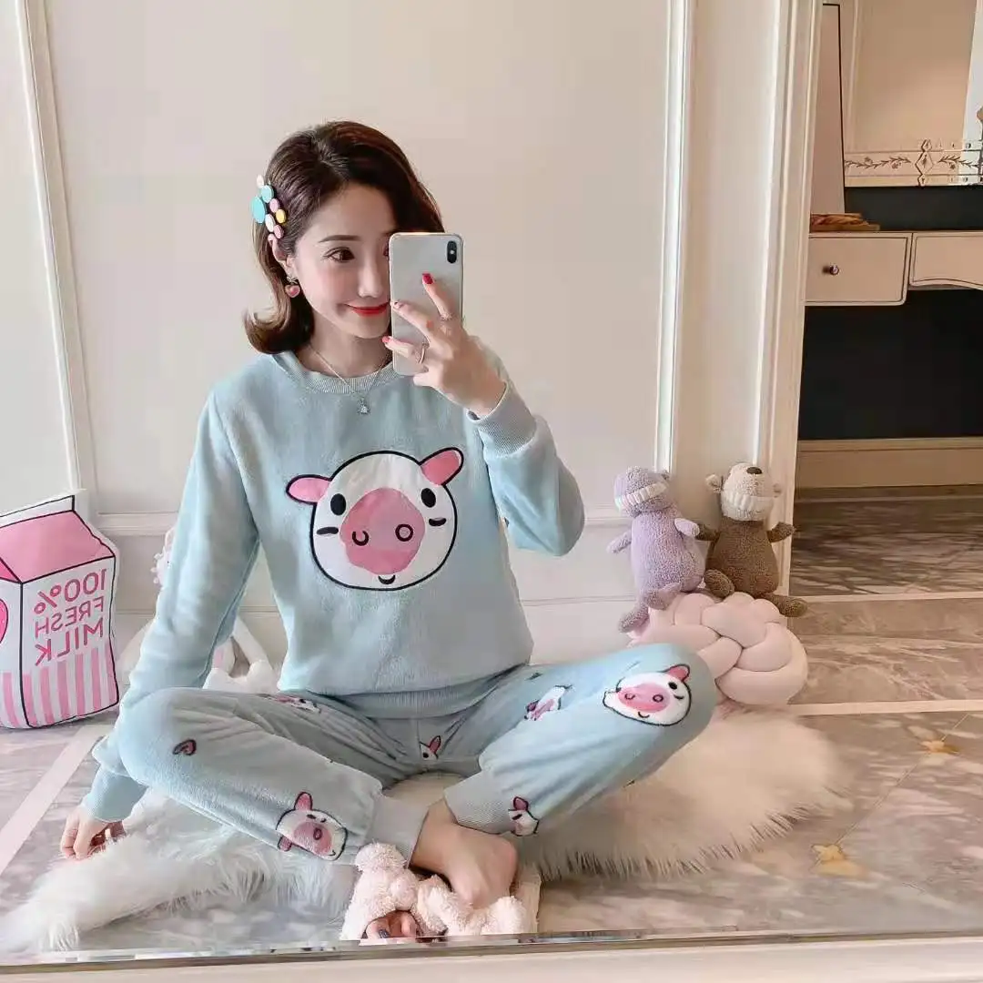 2022 Autumn Winter Warm Flannel Women Pyjamas Sets Thick Coral Velvet Long Sleeve Cartoon Sleepwear Thin Flannel Pajamas Set silk pajama set