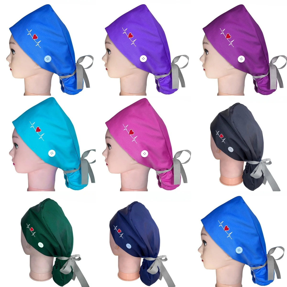 ScrubCapWithButtonsBouffantHatWithSweatbandforWomensandMensUnisexSolidAdjustable