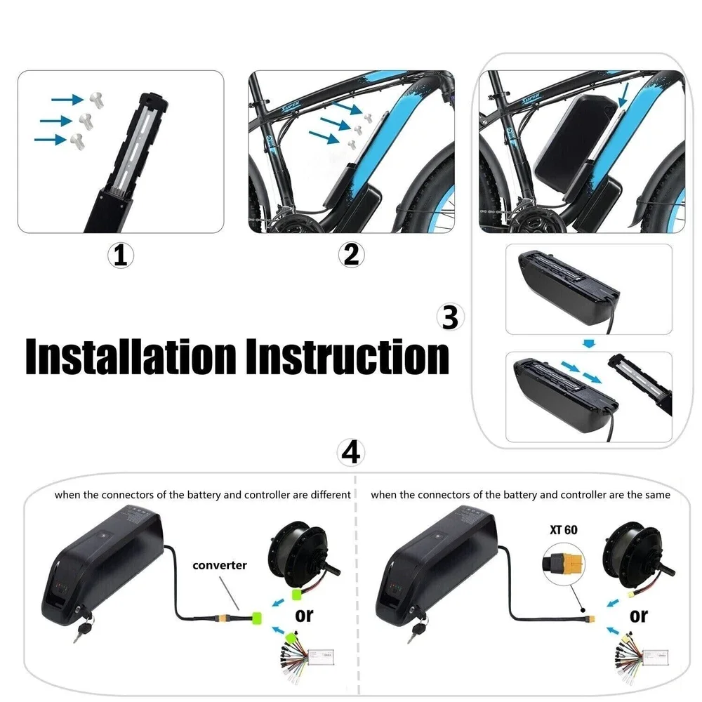 High capacity 36V 48V premium downtube battery pack showcasing the 4 light LED fuel gauge