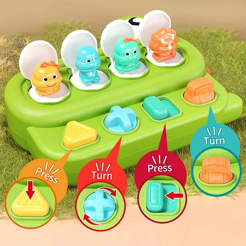 인터랙티브 팝업 동물 장난감 미세 모터 공룡 퍼즐 게임, 아이 숨기기 Seek Peekaboo 스위치 박스, 교육용 장난감