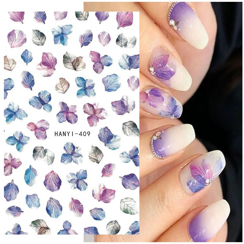 Nail Stickers Nail Art Decoration Nail Decals 3D Back Glue Nail Stickers Watercolor Blue White Nail Manicur Spring Floral Adhesive Transfer Decals Slider Art Decoration