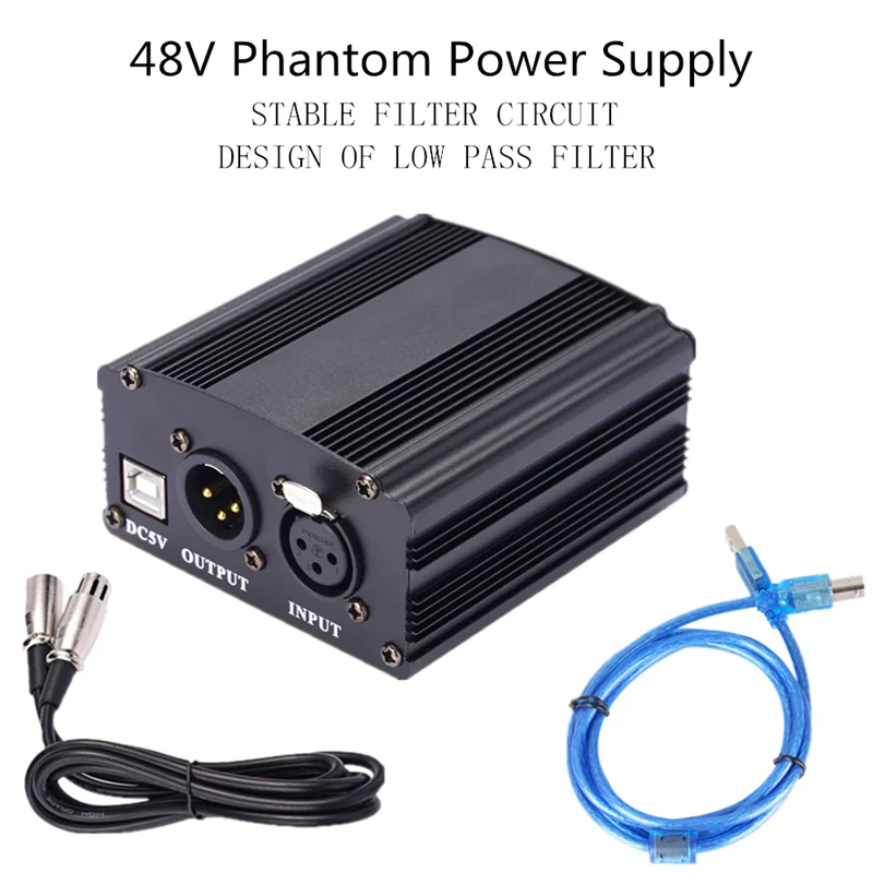 48VPhantomPowerAdapterXLRCableForCondenserMicrophoneStudio